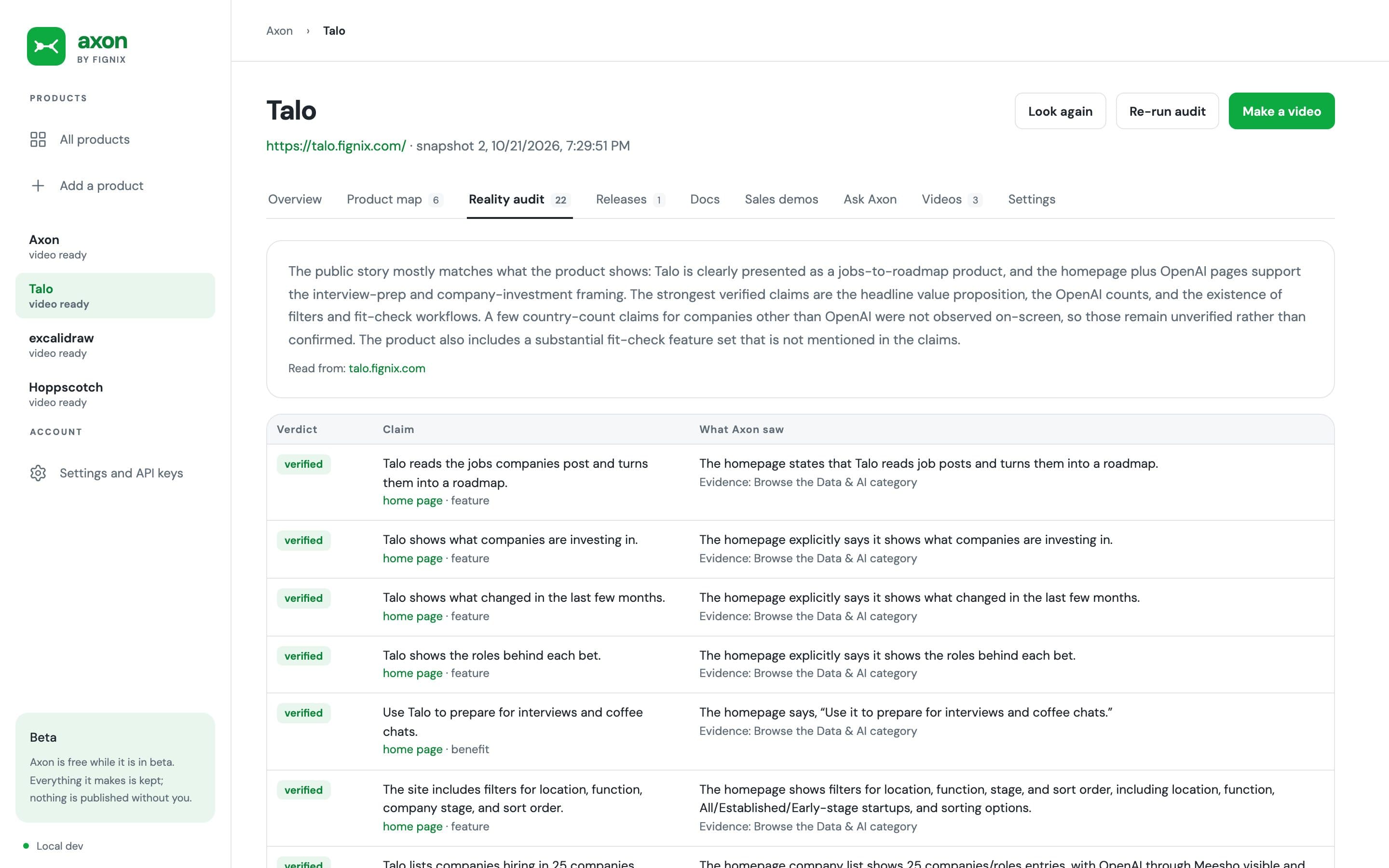 Axon's reality audit for Talo: a list of claims from the home page, each marked verified with the screen Axon saw.