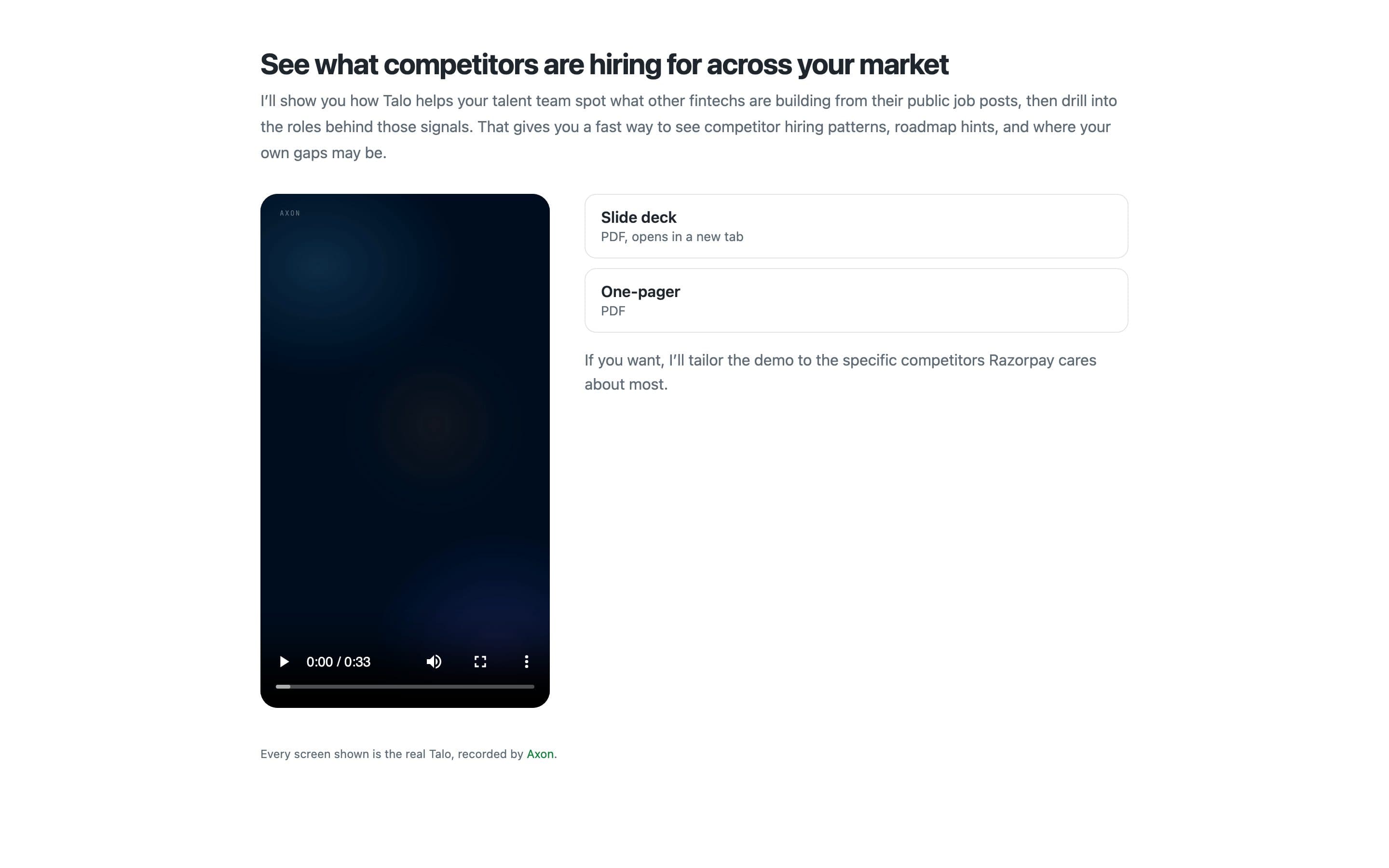 A demo page Axon made for Razorpay: a headline about competitor hiring, the demo video, and links to the slide deck and one-pager.