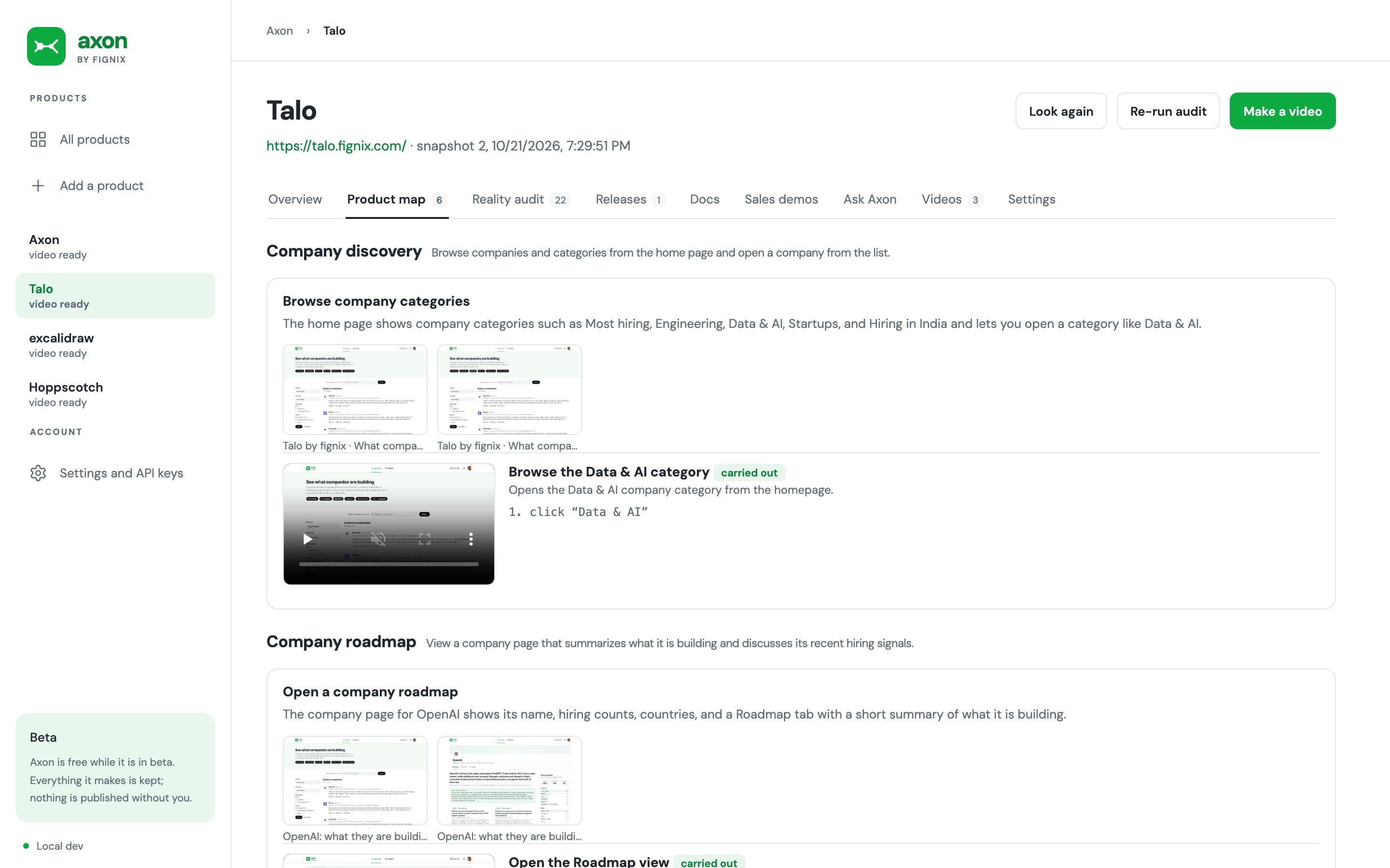 Axon's product map for Talo: the Company discovery area with its screens and a recorded flow, Browse the Data & AI category, marked carried out.