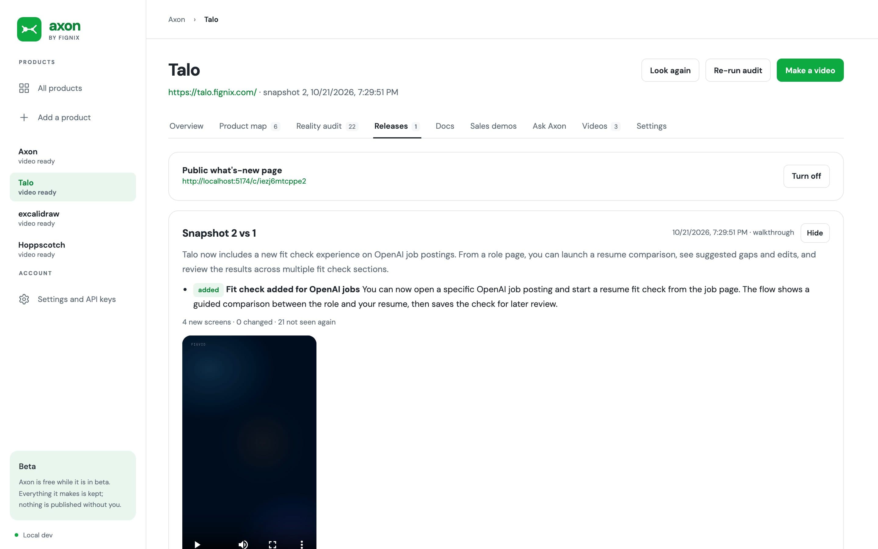 Axon's Releases tab for Talo: a public what's-new page link and a snapshot comparison describing a fit check feature that was added, with its video.