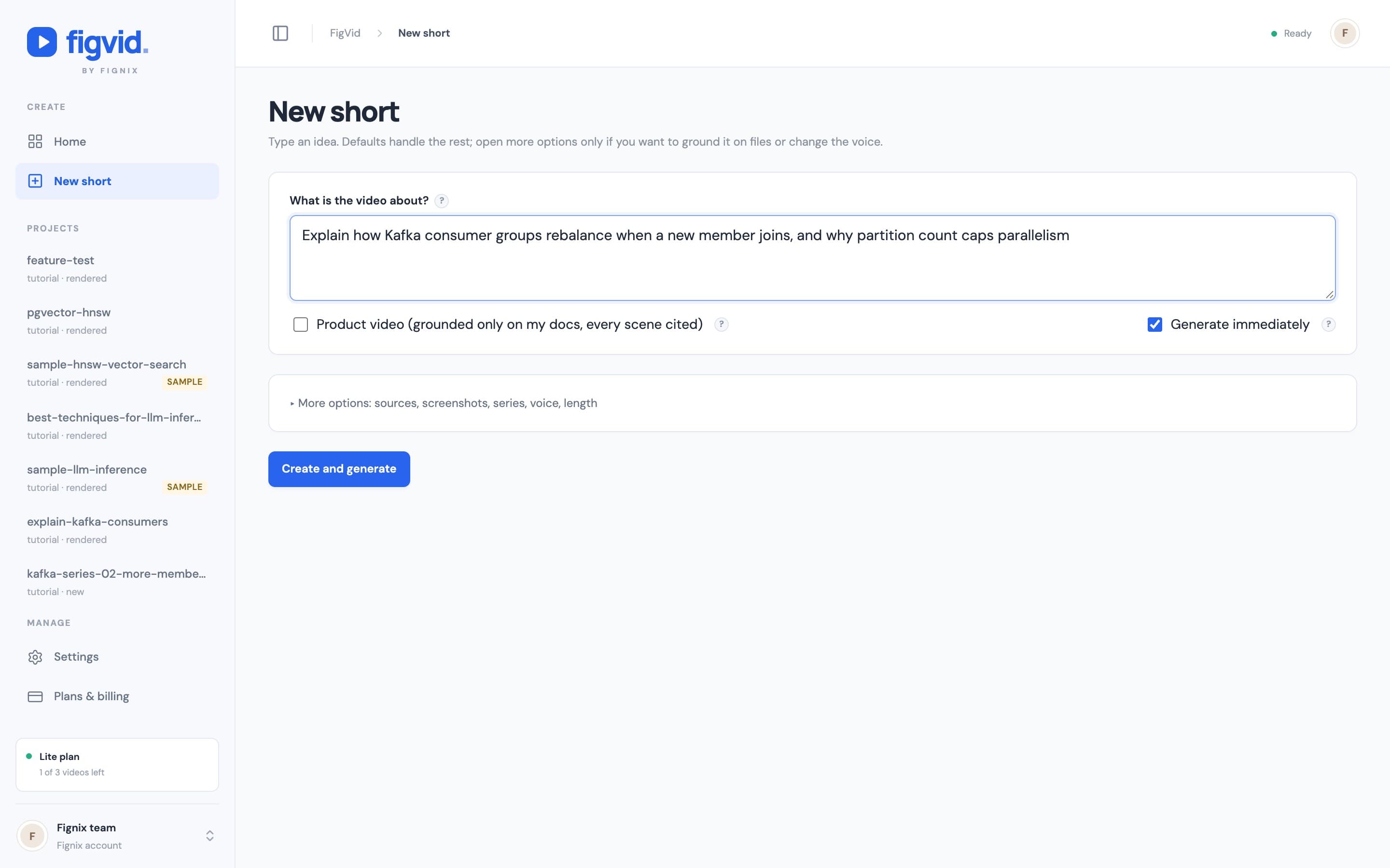 FigVid new short form with an idea typed in, ready to create and generate